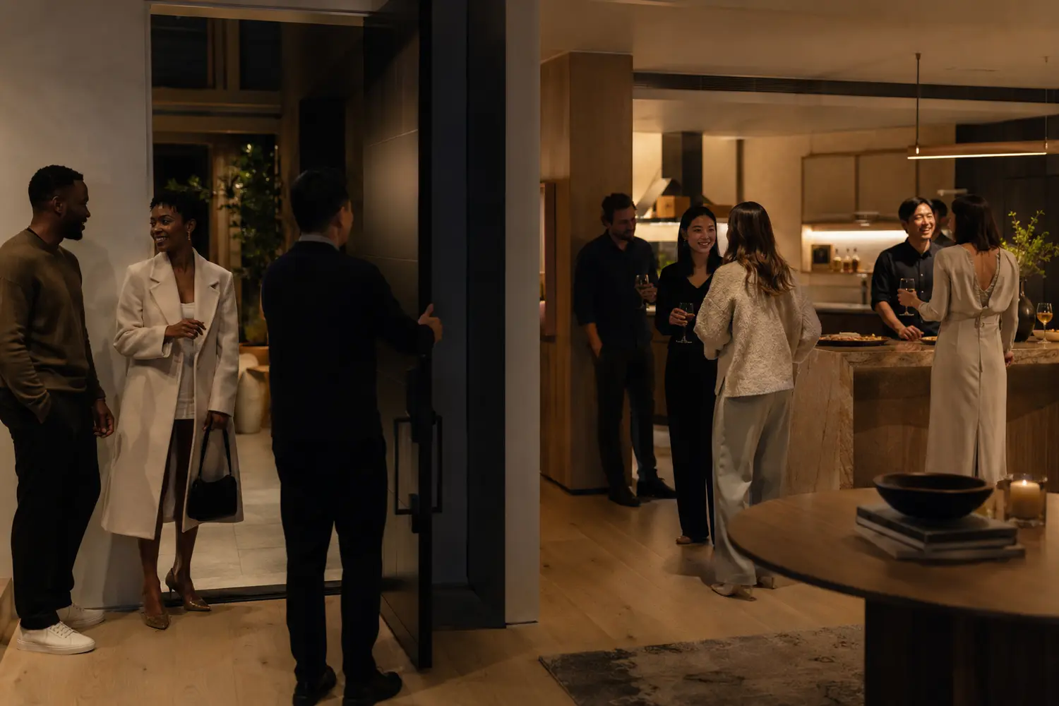 Diverse Black, White, and Asian guests enjoying a coordinated smart-home scene