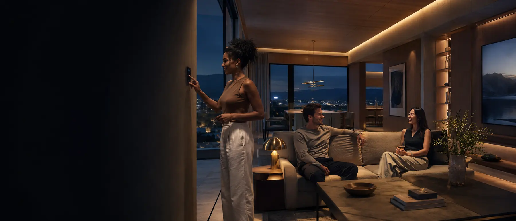 Black, White, and Asian homeowners enjoying an elegant connected living space