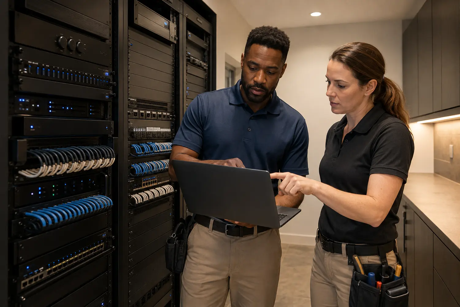 Black male and White female integrators programming a residential control and network rack