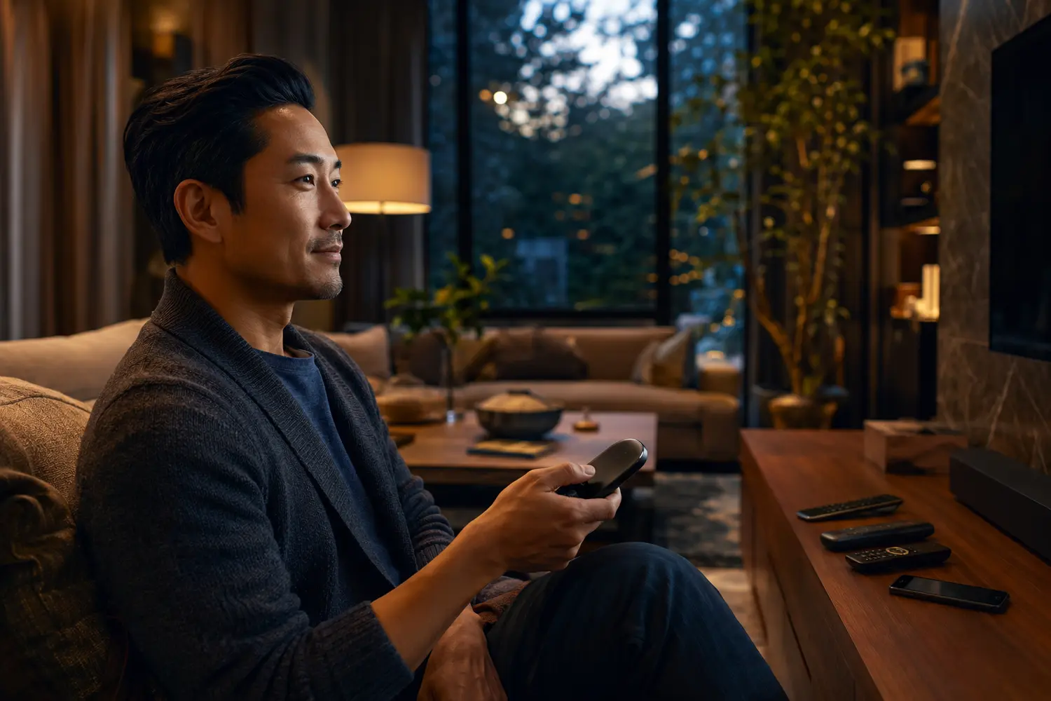 Asian homeowner using one simple handheld controller beside several older remotes