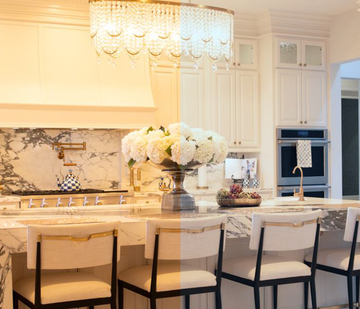 Control4 kitchen scene comparing warmer and cooler white lighting
