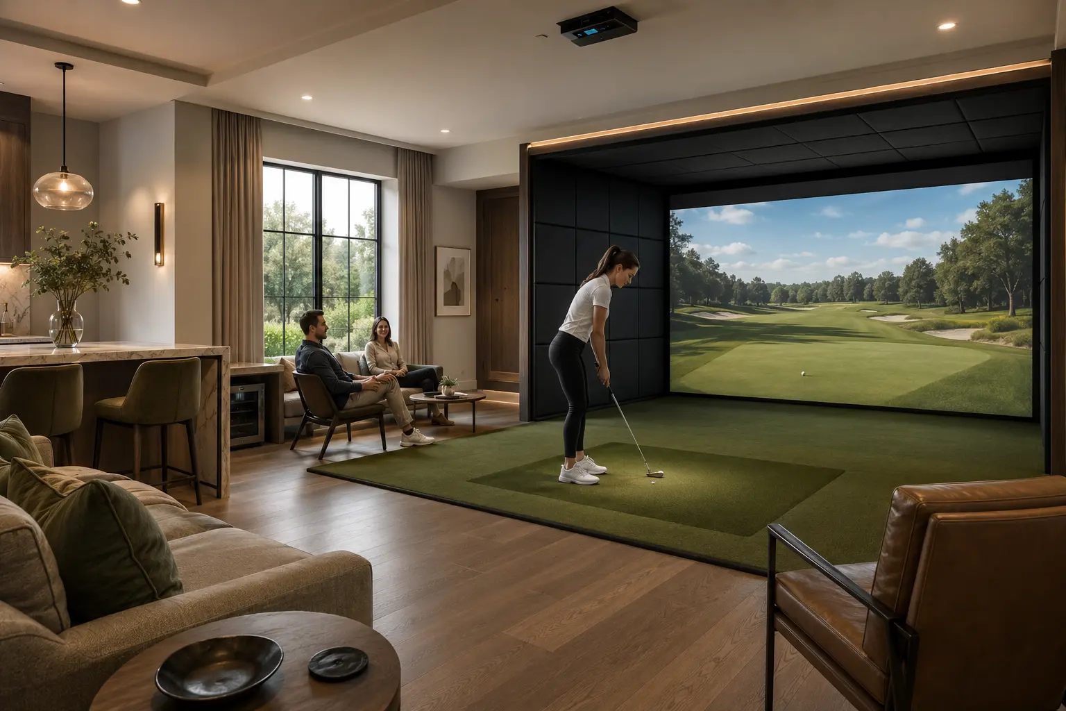 Bright custom indoor golf simulator lounge with a golfer and comfortable guest seating