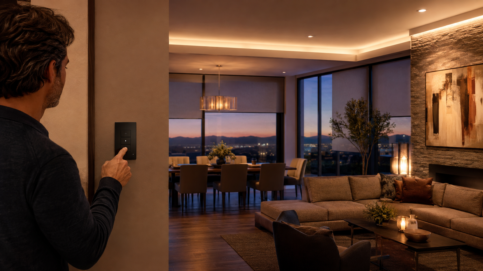 A homeowner recalling a coordinated lighting and shading scene