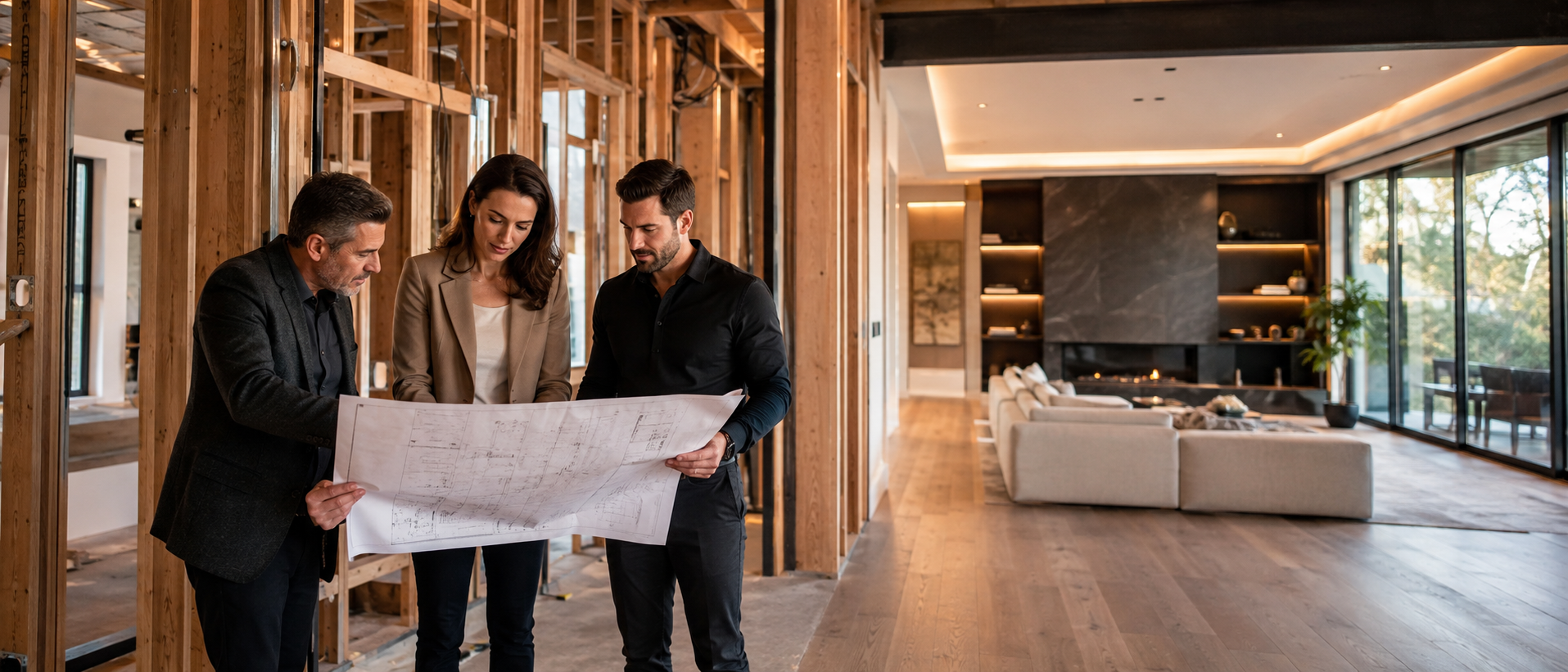 Architect, lighting designer, and integrator reviewing plans before drywall