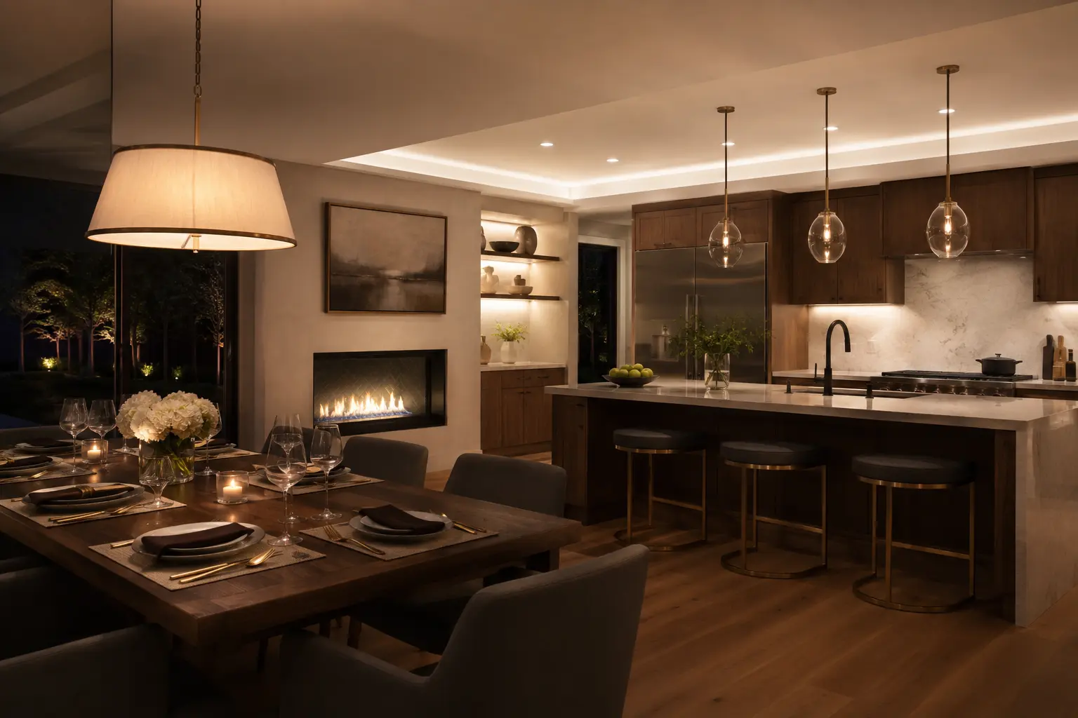 Layered lighting in an open dining room and kitchen prepared for dinner