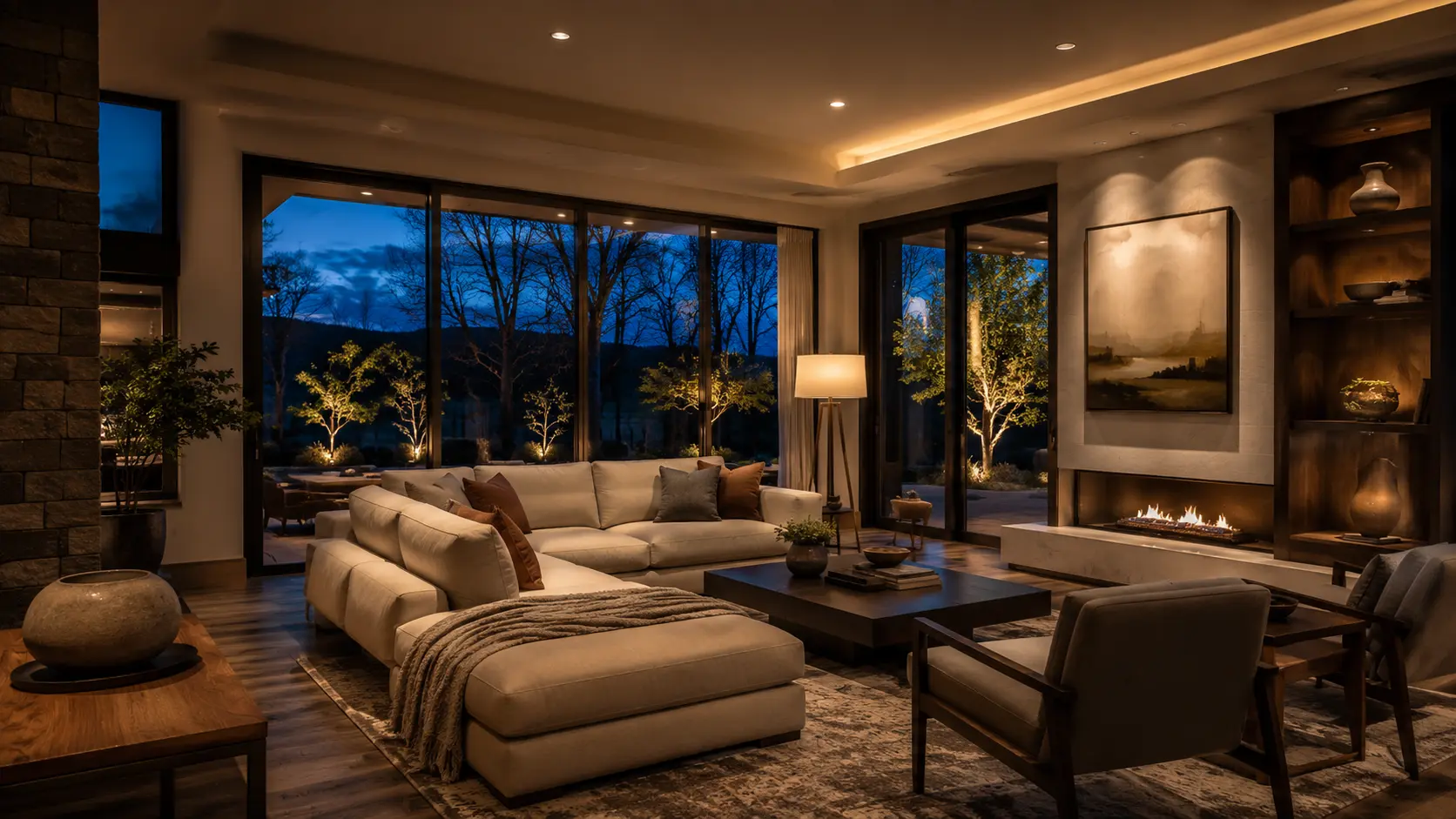 Layered architectural lighting in a modern living room at dusk