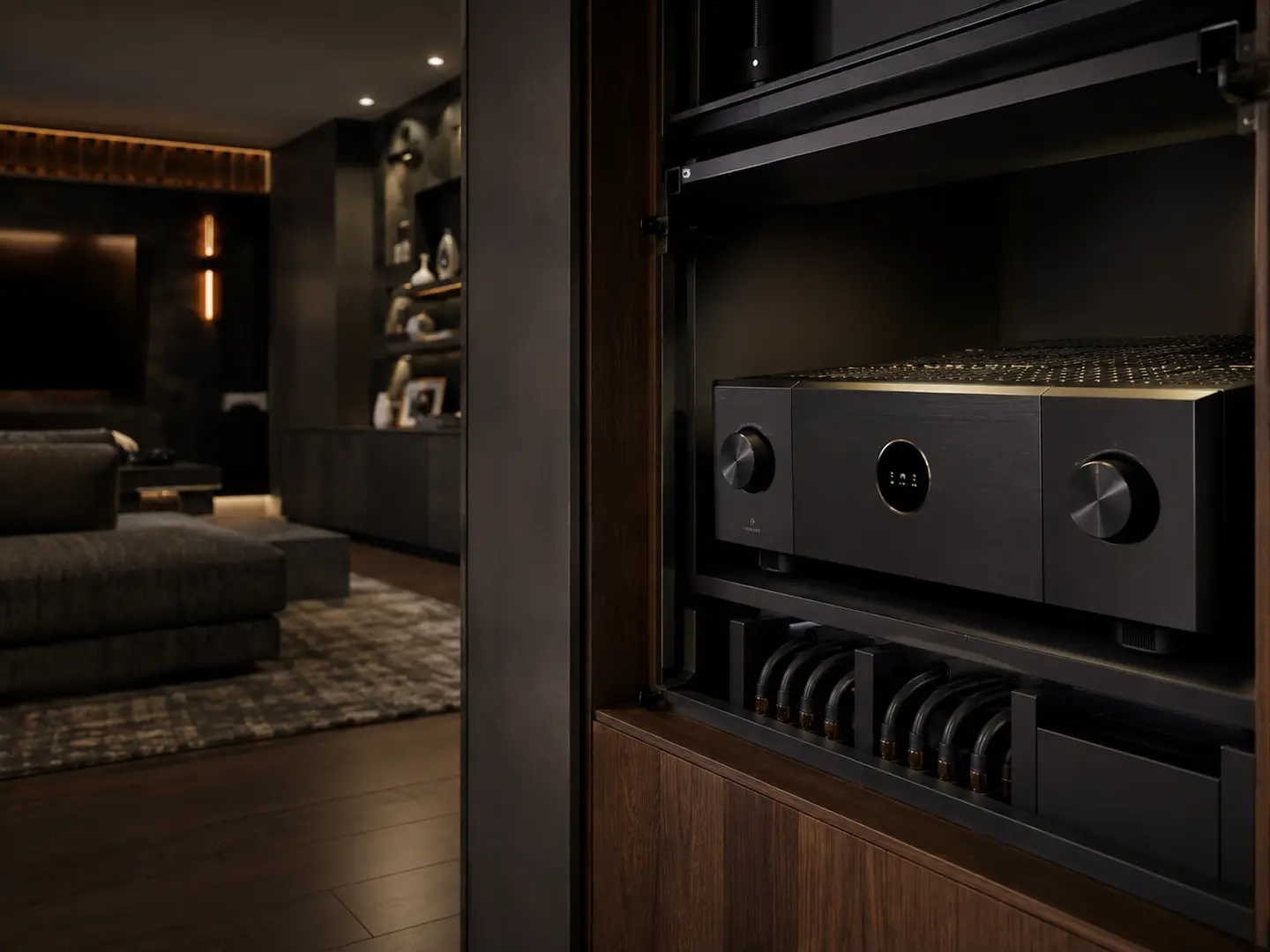 Unbranded premium AV receiver installed in a ventilated custom equipment cabinet