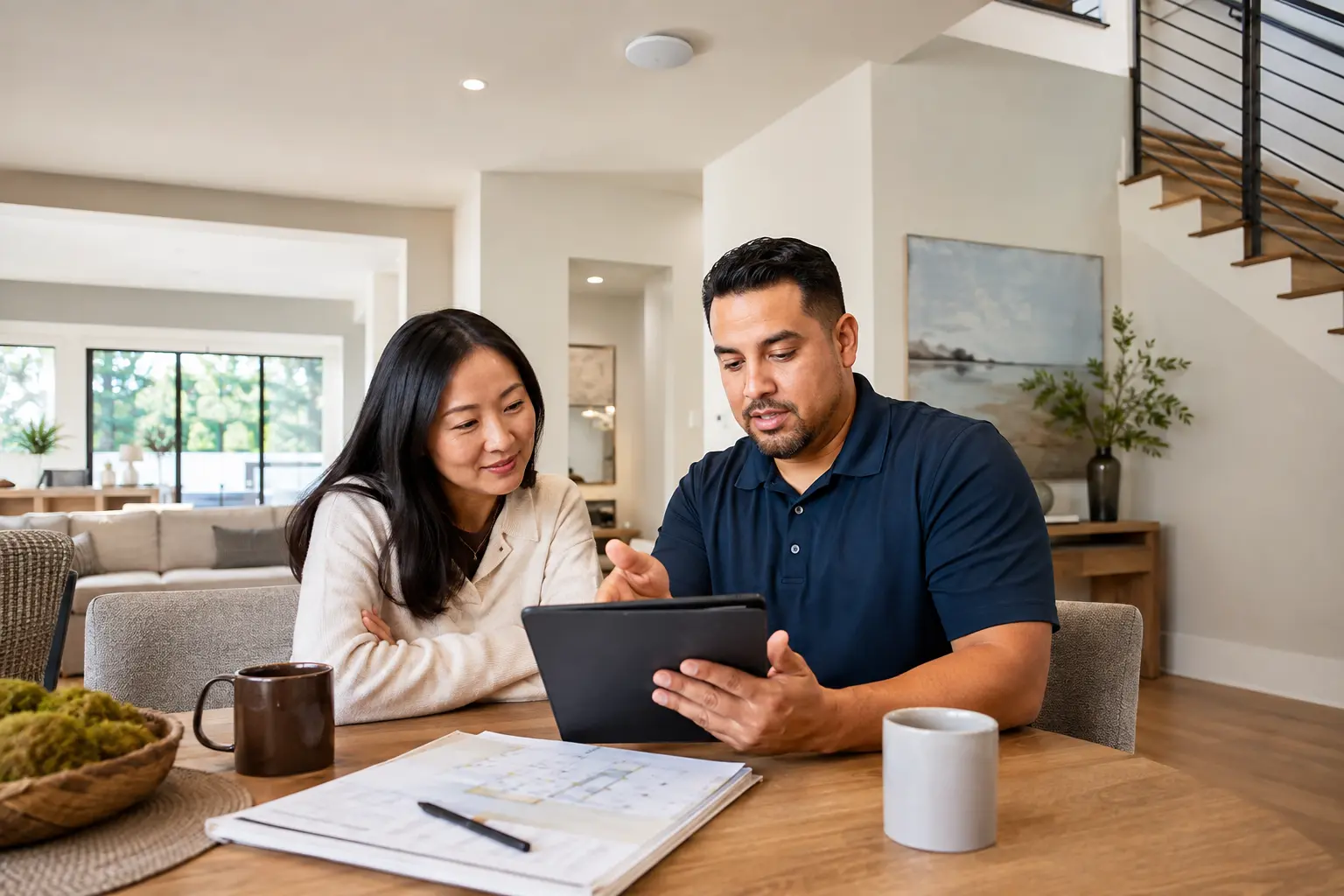 An Asian homeowner and Latino technology professional reviewing a home network plan