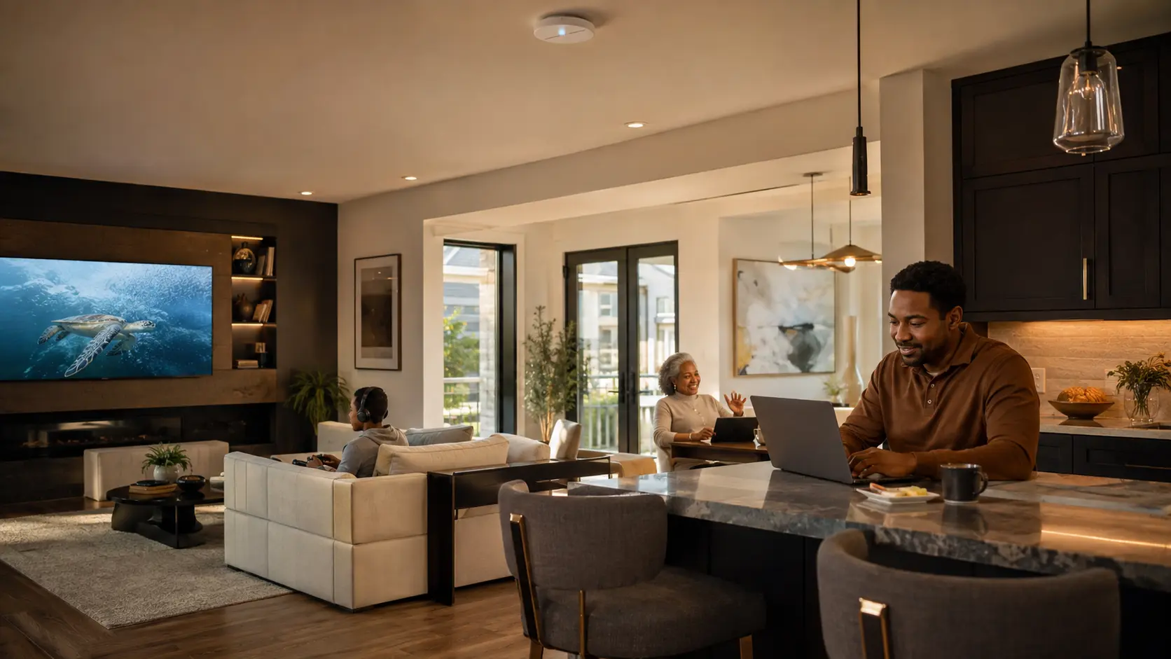 A Black multigenerational family using connected devices comfortably throughout an elegant home