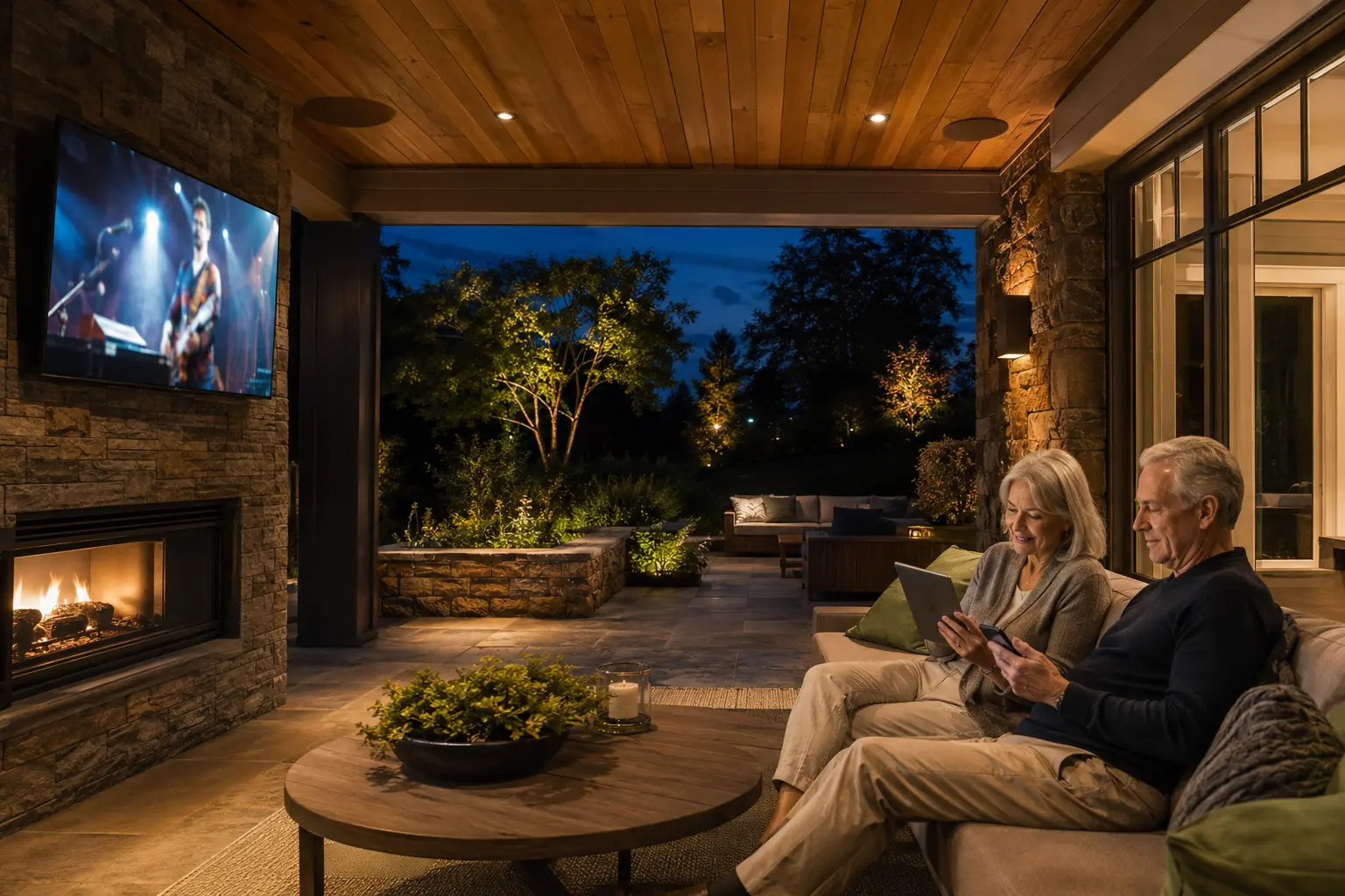 A White older couple using connected devices on a covered terrace with integrated entertainment