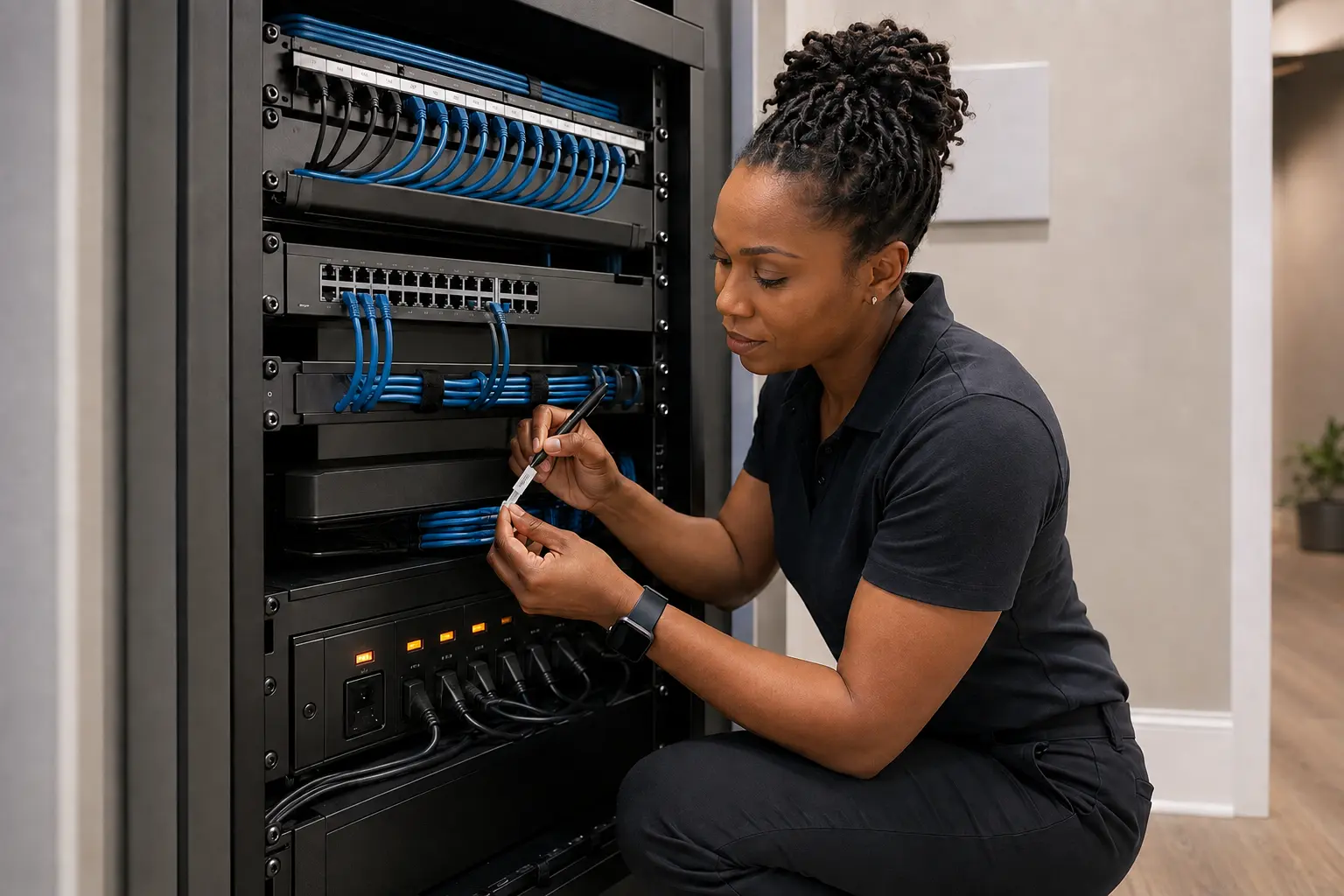 A Black woman technology professional commissioning a clean organized home network rack