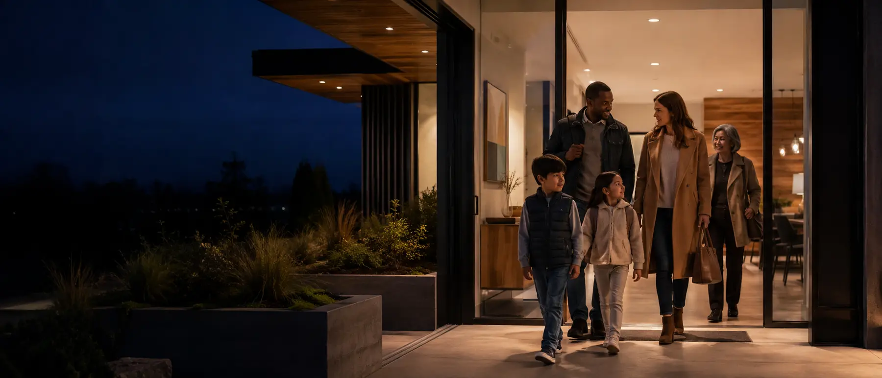 A diverse multigenerational family arriving at a warmly lit connected home