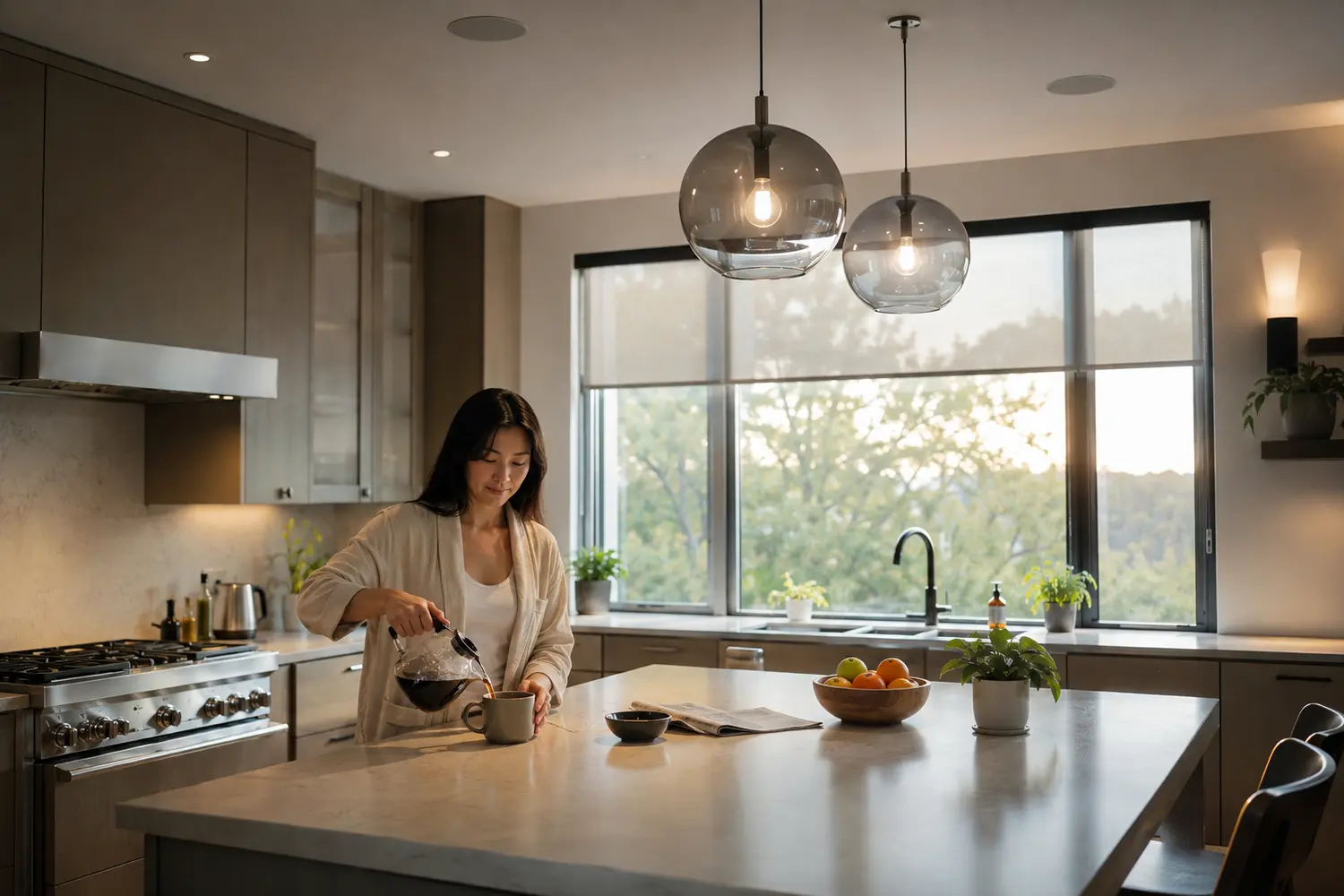 Asian homeowner beginning her day as shades and layered lighting adjust
