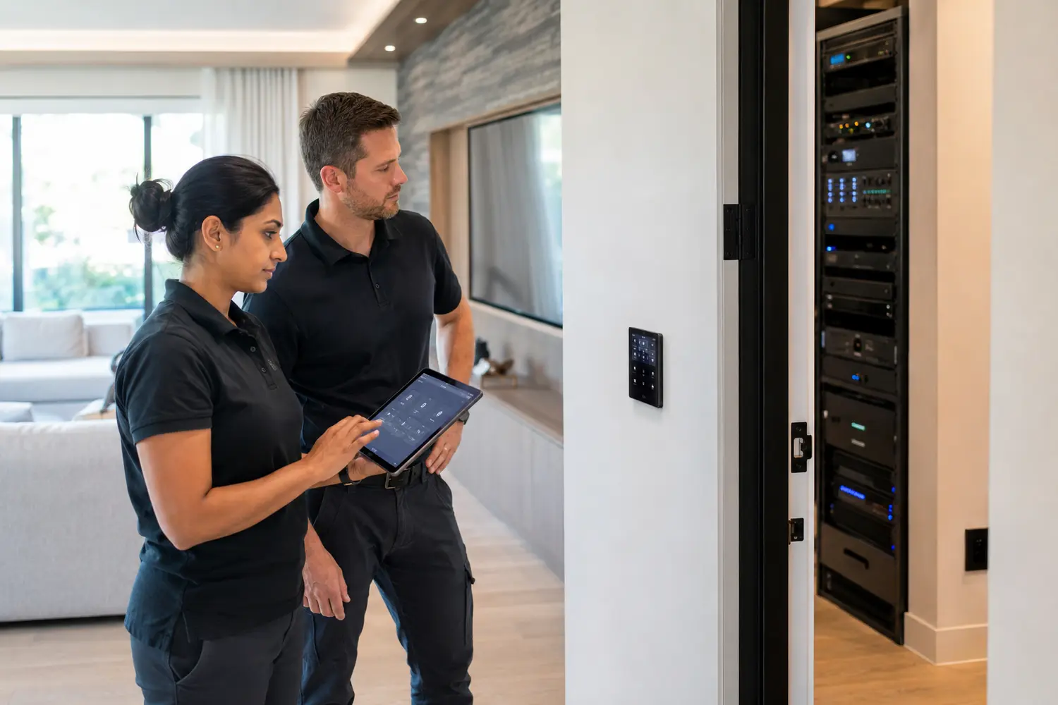 South Asian and White integrators testing a smart-home routine beside a keypad and equipment rack