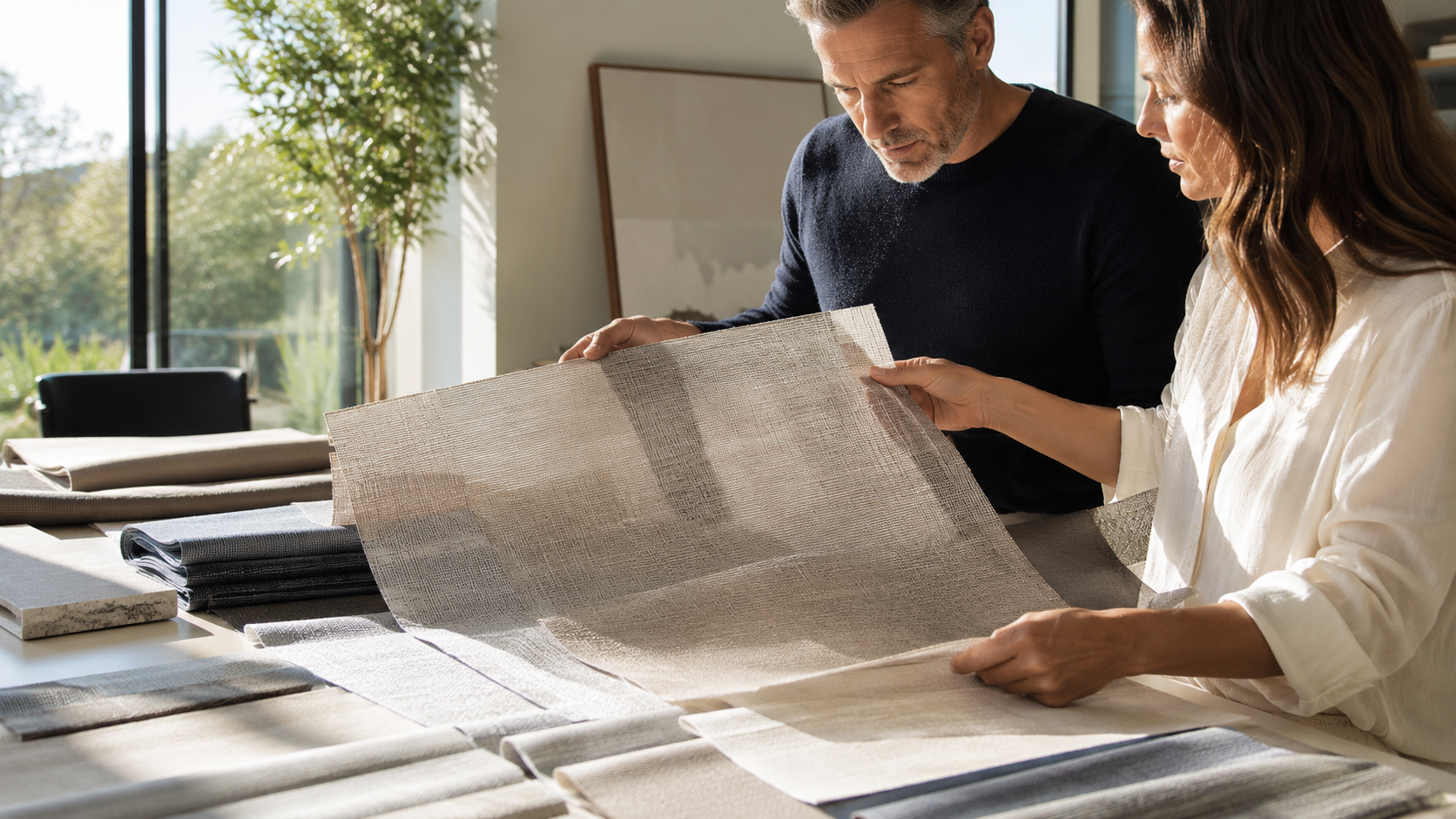 Homeowners evaluating full-size shade fabric samples in daylight