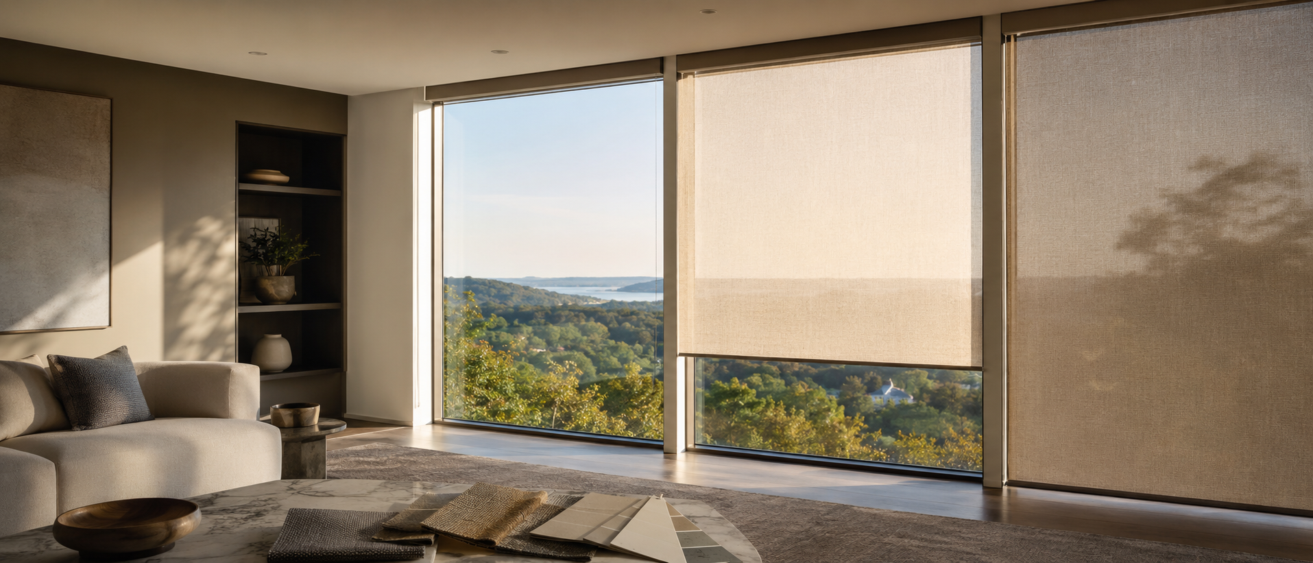 Motorized shade fabrics balancing daylight and views