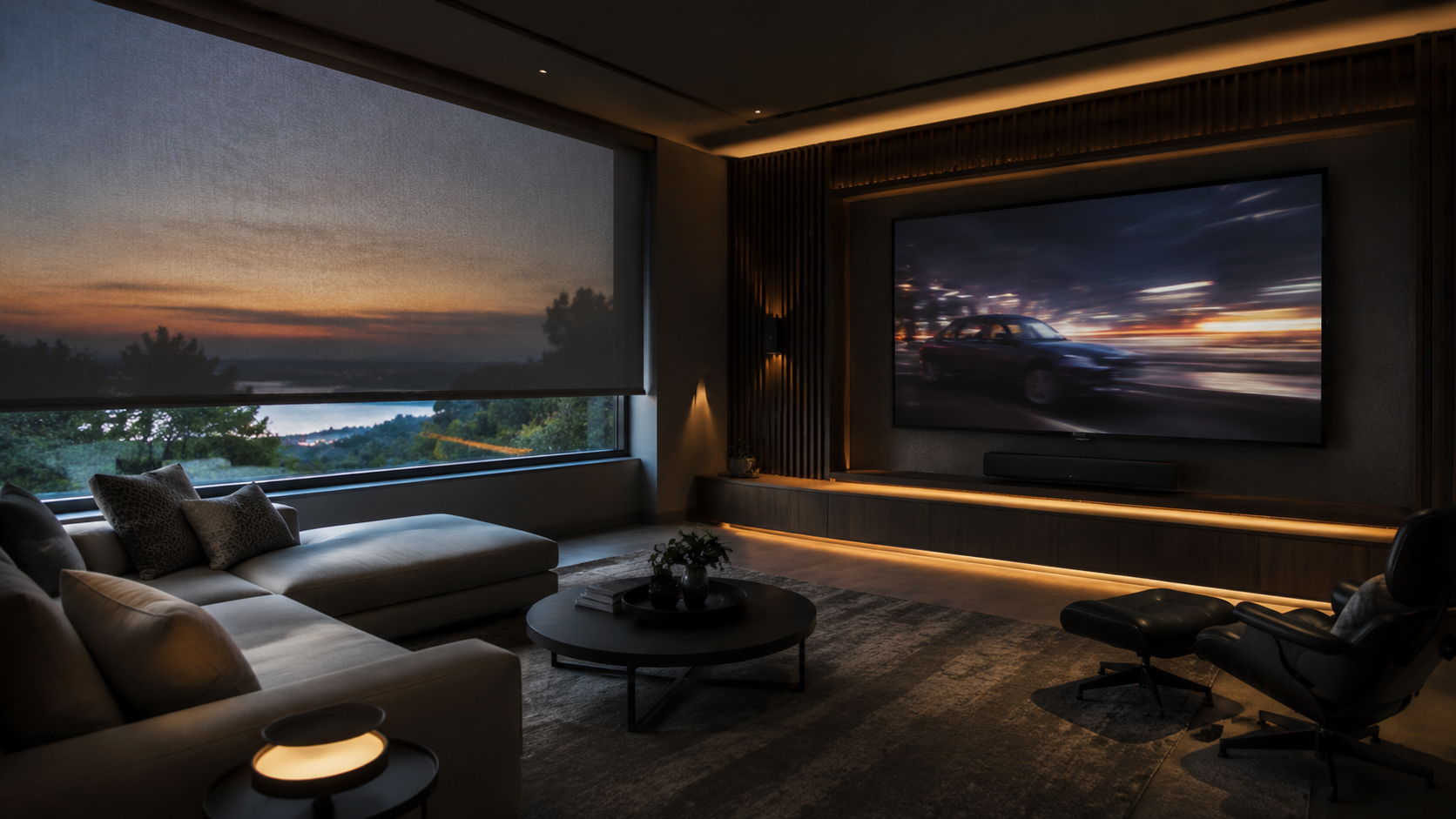 Dark shade fabric controlling glare in a media room