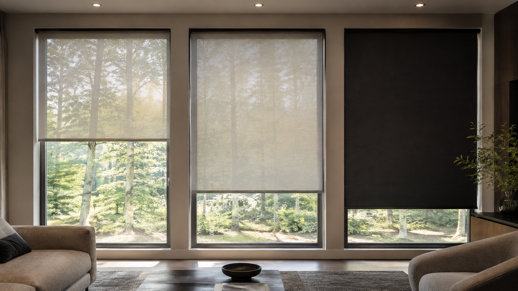 Open, translucent, and blackout shade fabrics compared at adjacent windows