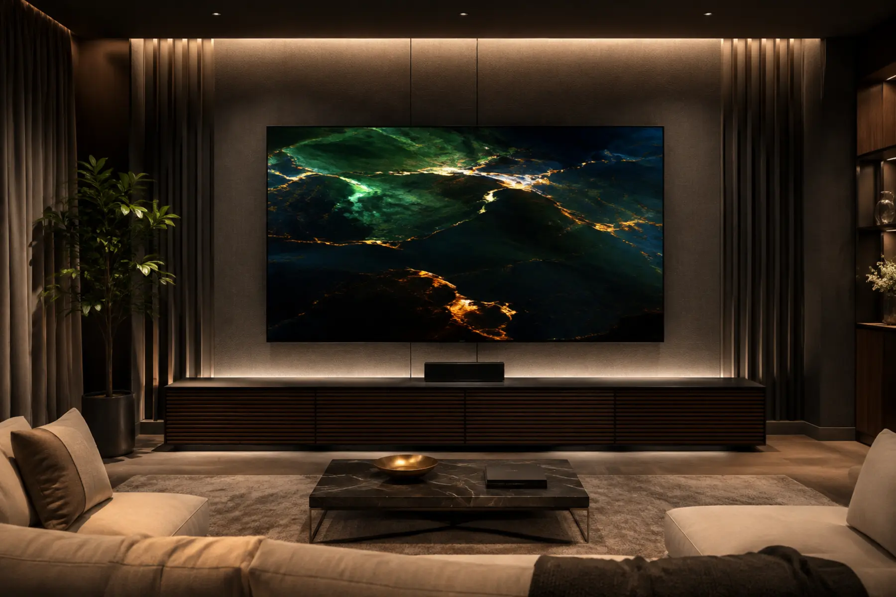 Completed premium media room with a large wall-mounted television, hidden wiring, and architectural lighting