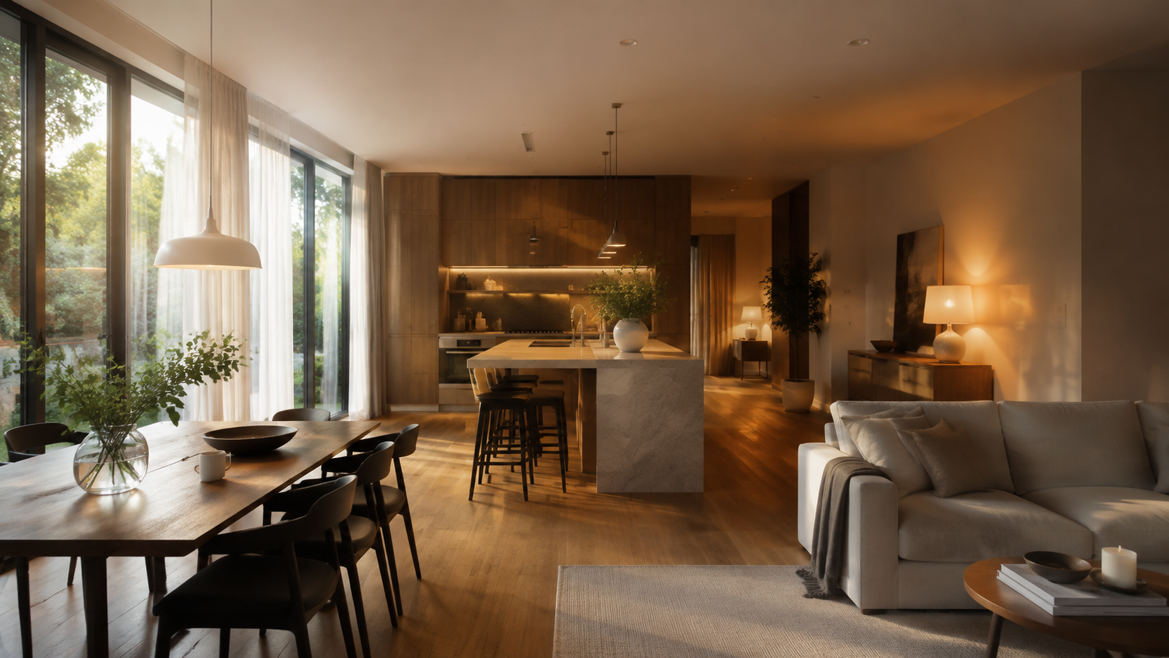 Open-plan home balanced with bright daylight and warm evening lighting