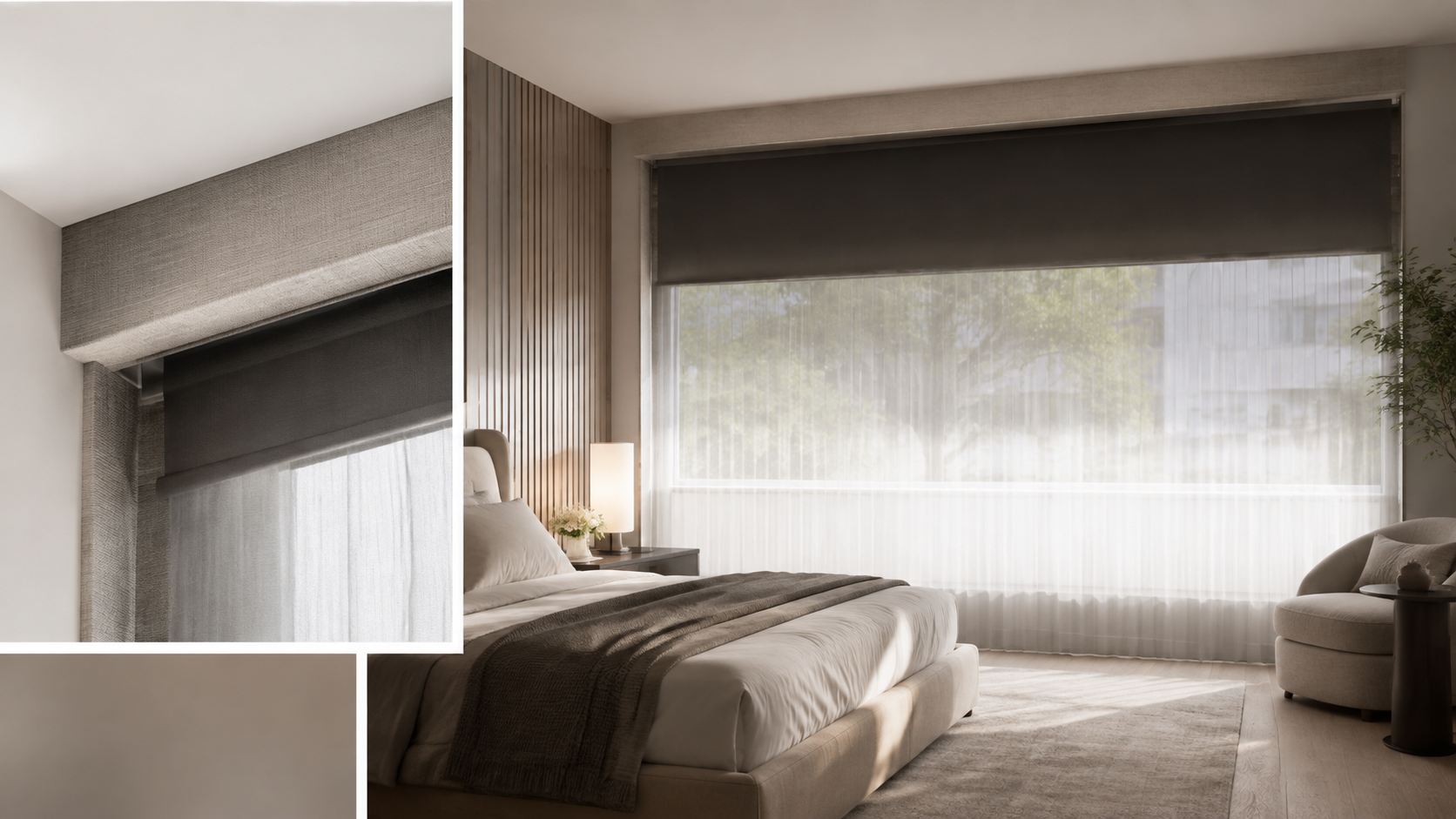 Layered sheer and blackout shades with a concealed architectural detail