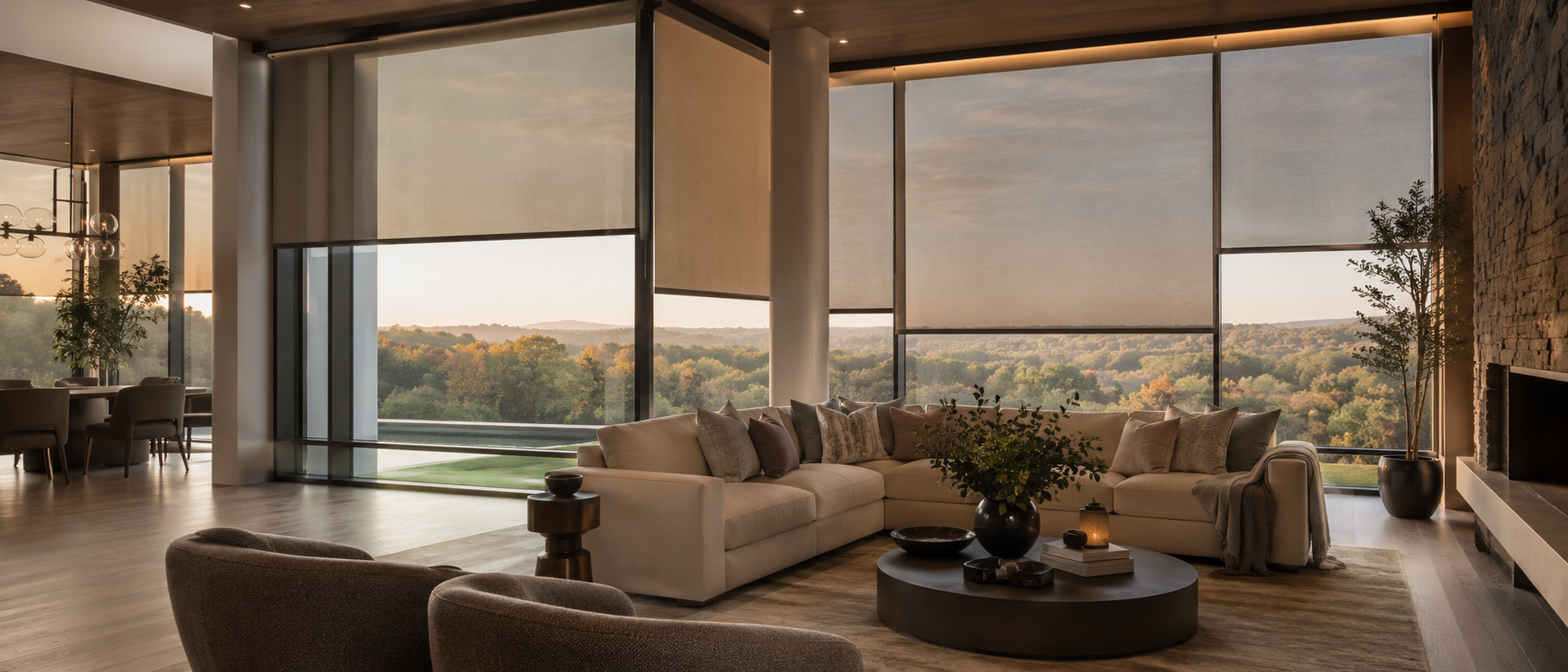 Motorized shades balancing daylight, views, and comfort in a refined great room