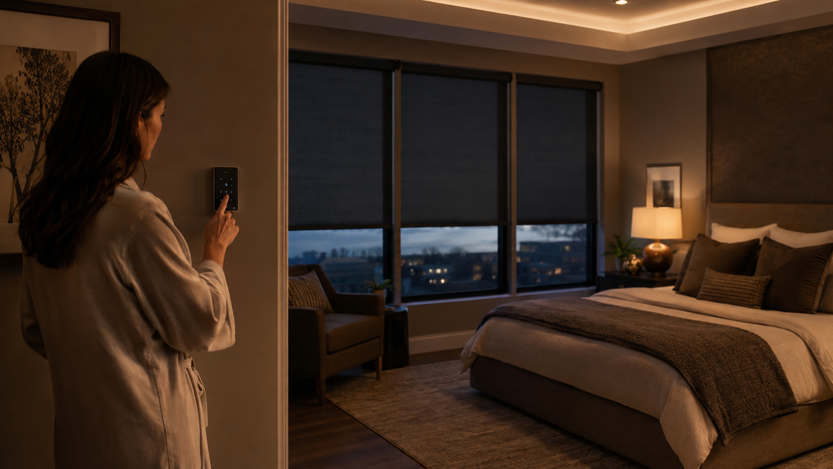 A homeowner recalling an evening privacy scene from a wall keypad