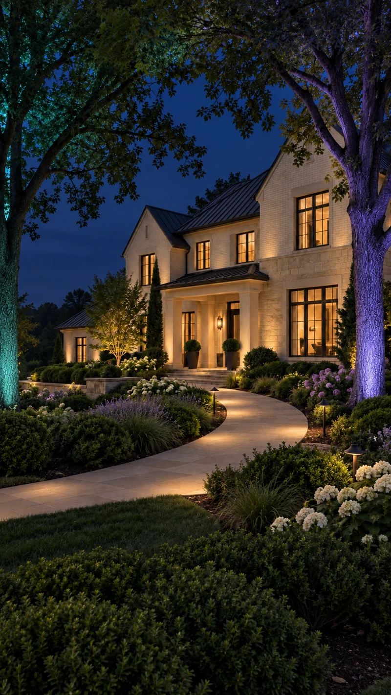 AI concept of occasional teal and violet landscape accents around the SES home