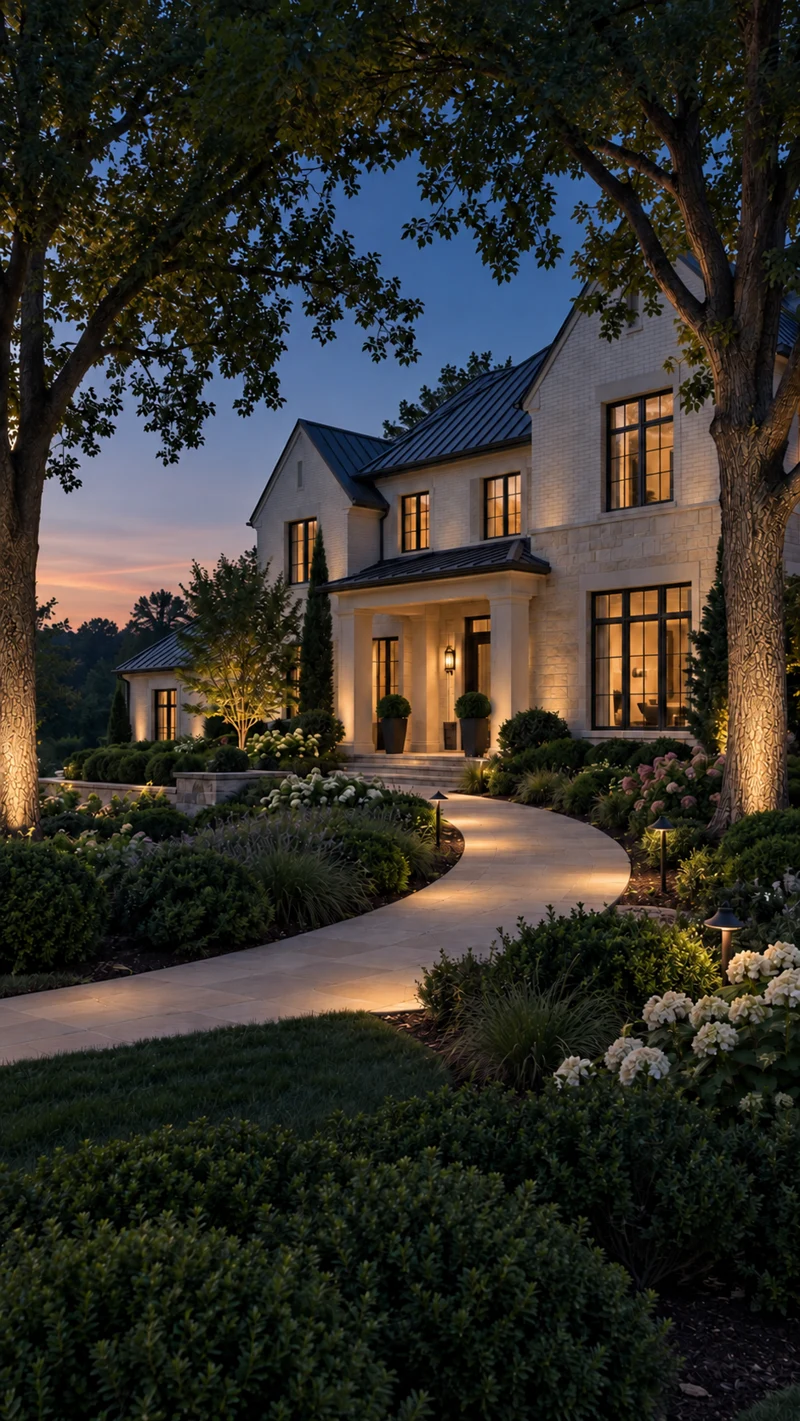 AI concept of the SES outdoor lighting home at dawn with softly illuminated paths