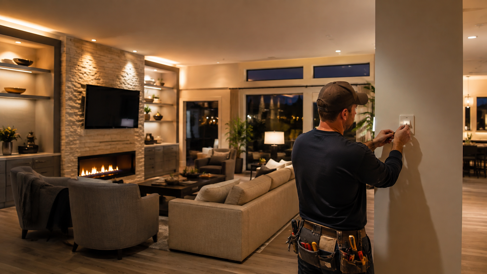 Professional upgrading a wall lighting control in a finished living room