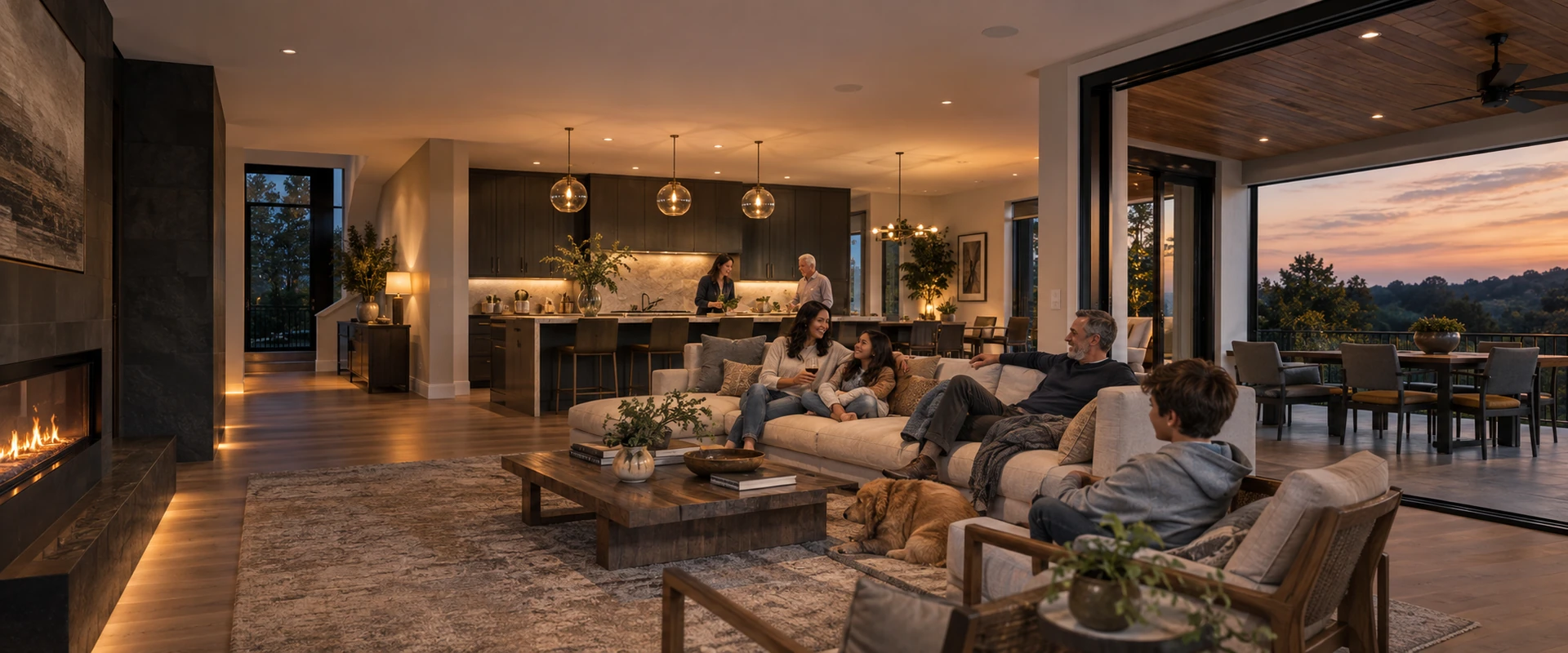Family enjoying discreet whole-home audio across an open living space