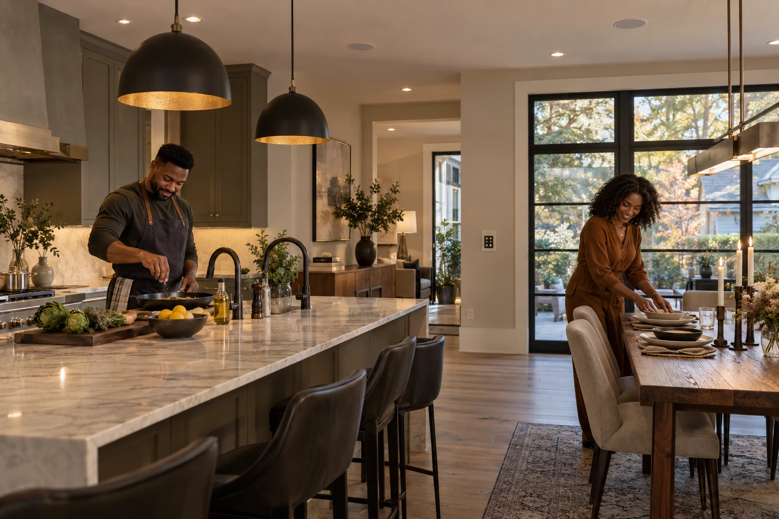 Discreet in-ceiling speakers integrated into a refined kitchen and dining space