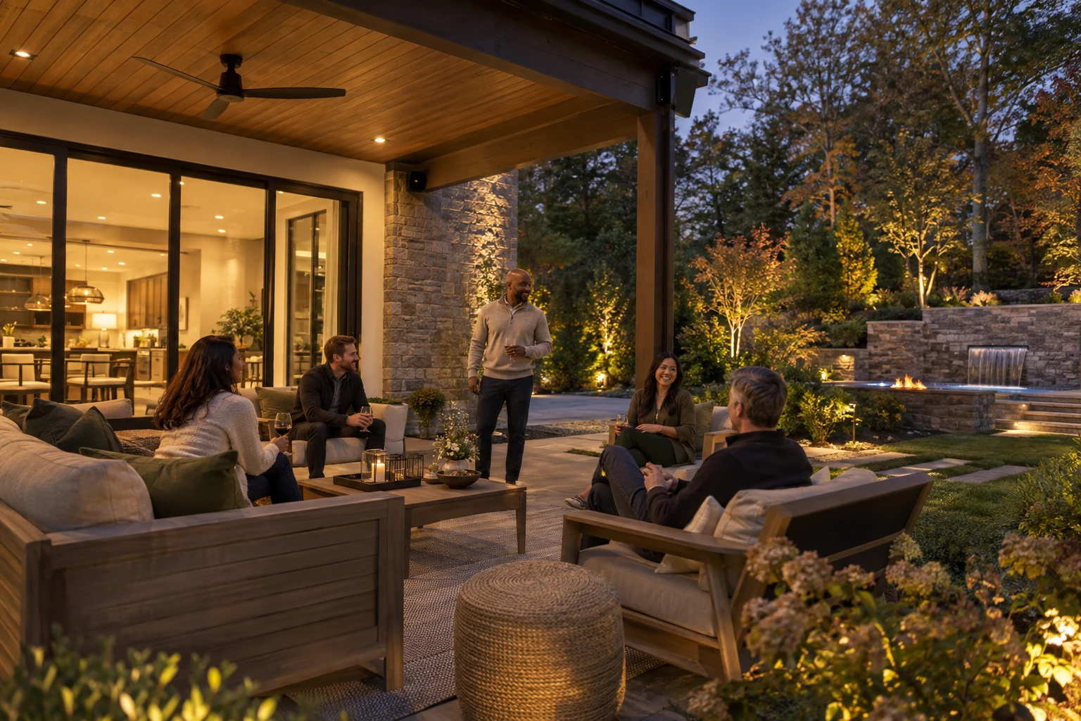 Discreet outdoor audio integrated into a covered patio and landscaped backyard
