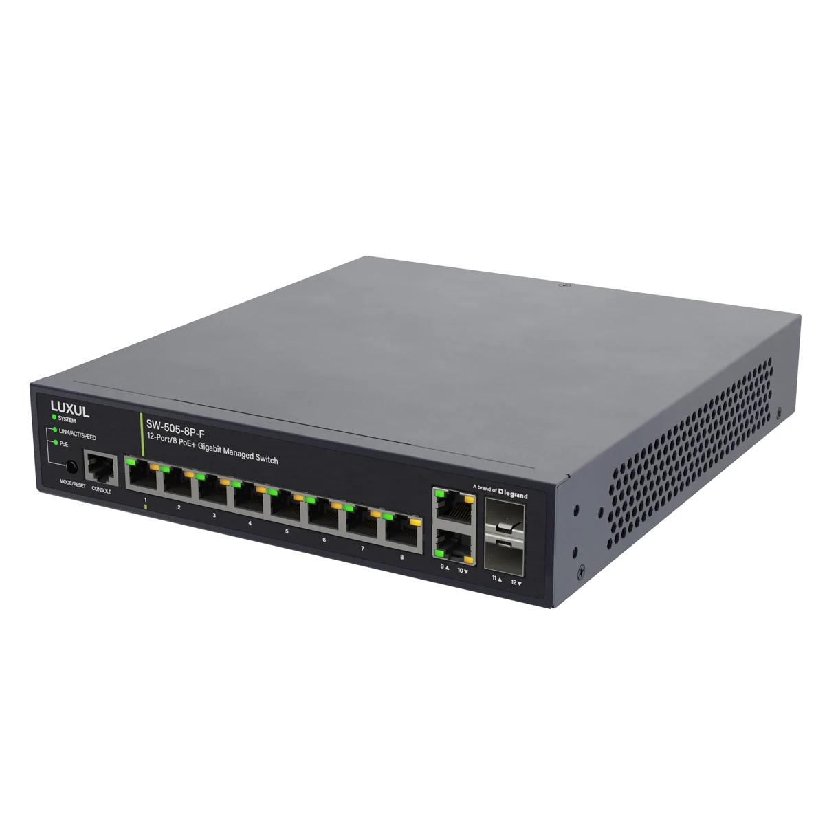 Actual Luxul SW-505-8P-F fanless managed switch with front-facing connections