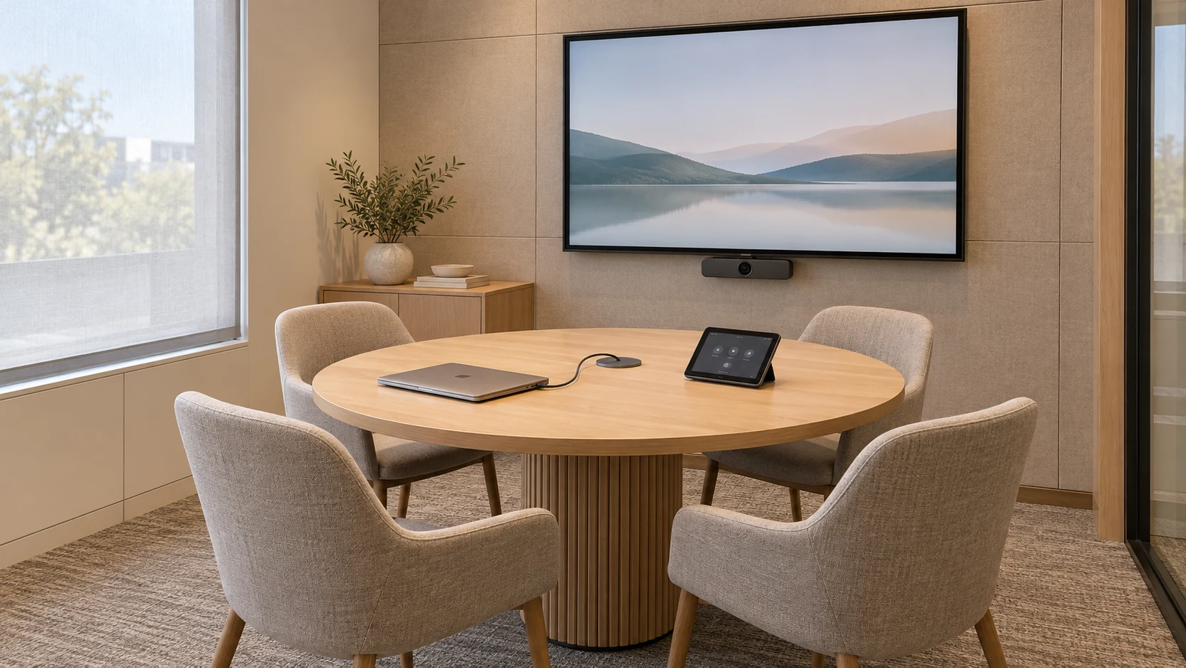 Compact meeting room with four chairs, a display and tabletop controls