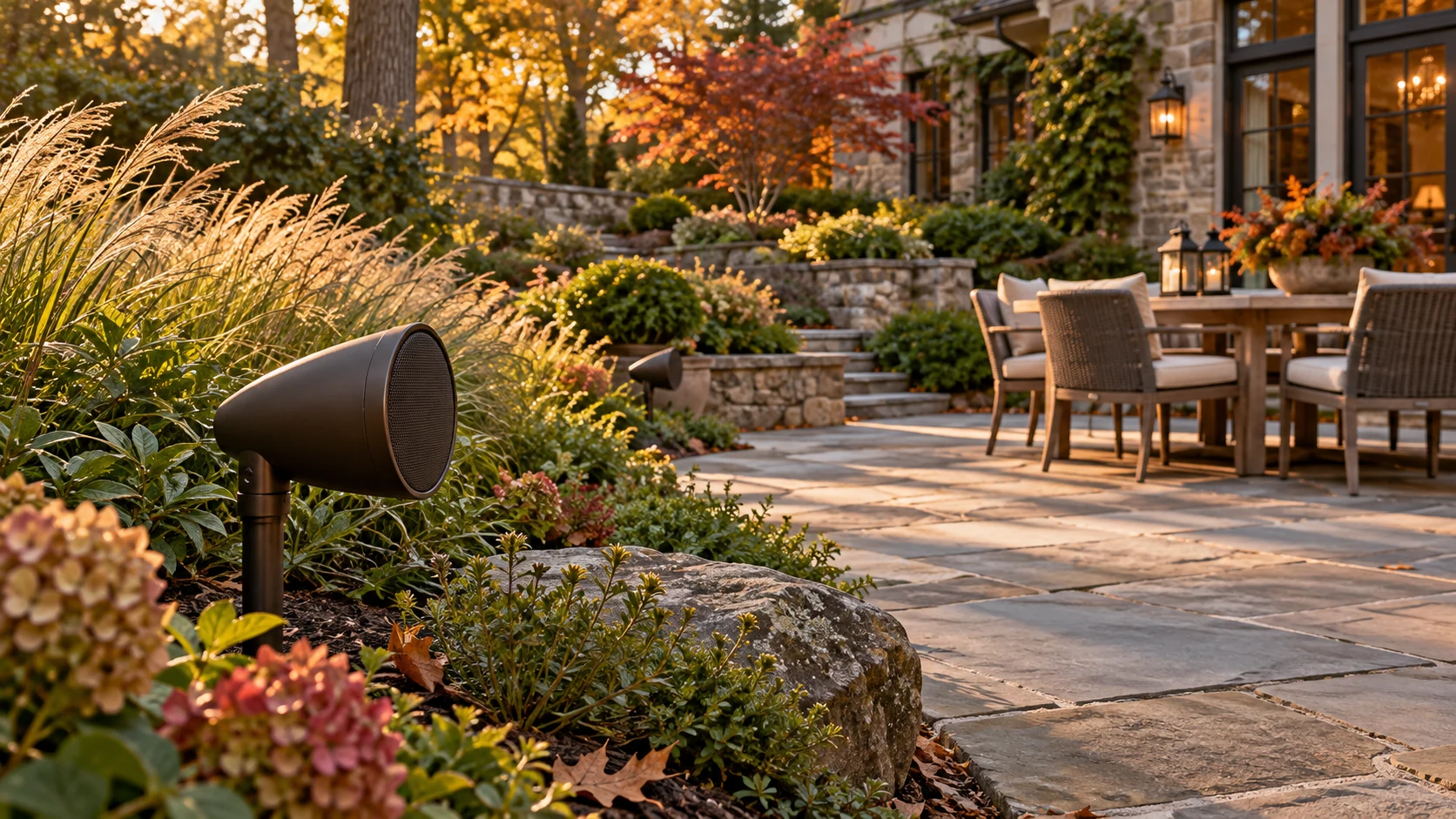Conceptual garden satellite speakers directed toward a dining terrace