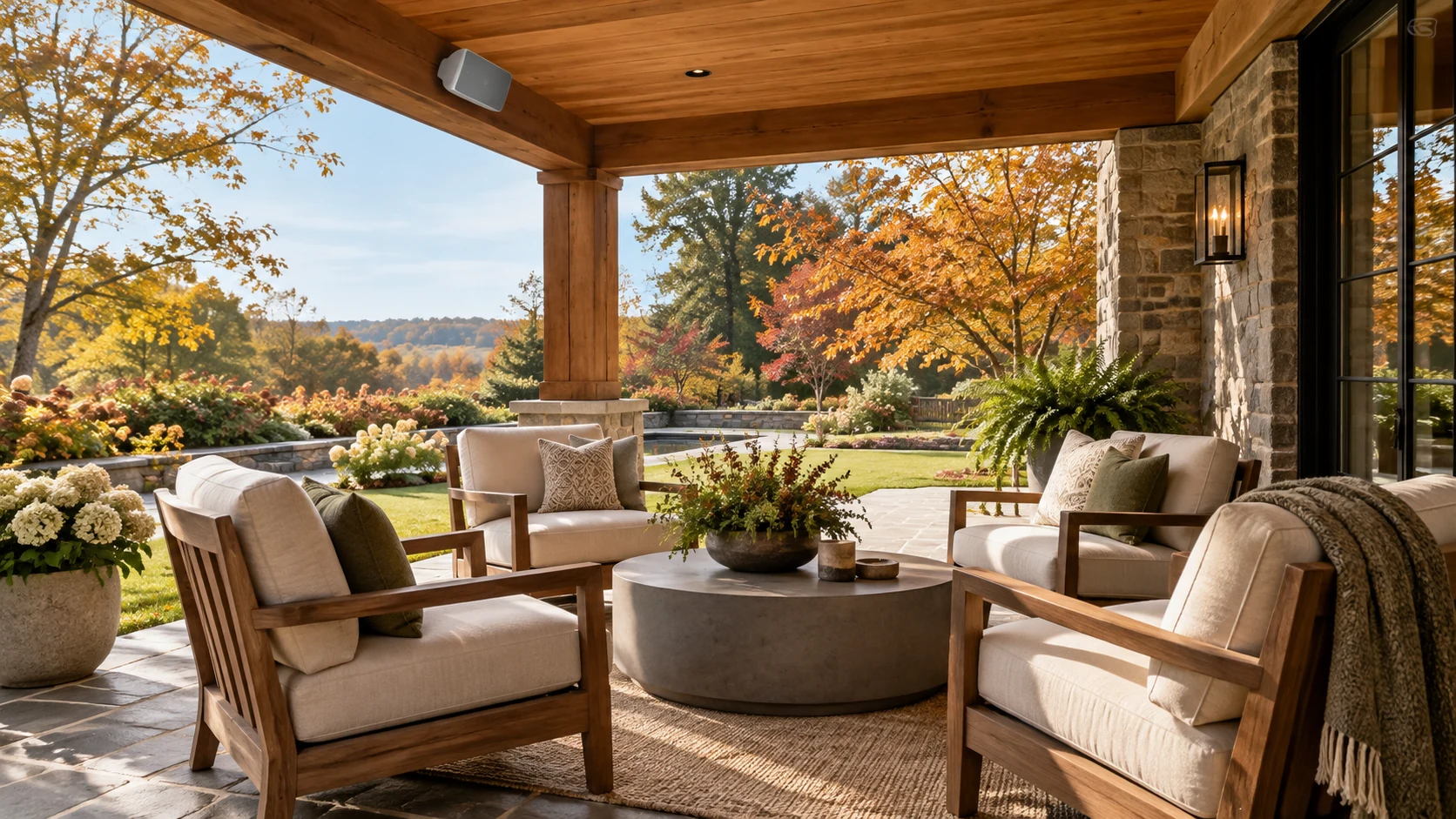 Conceptual covered patio with lounge seating and a generic outdoor surface speaker