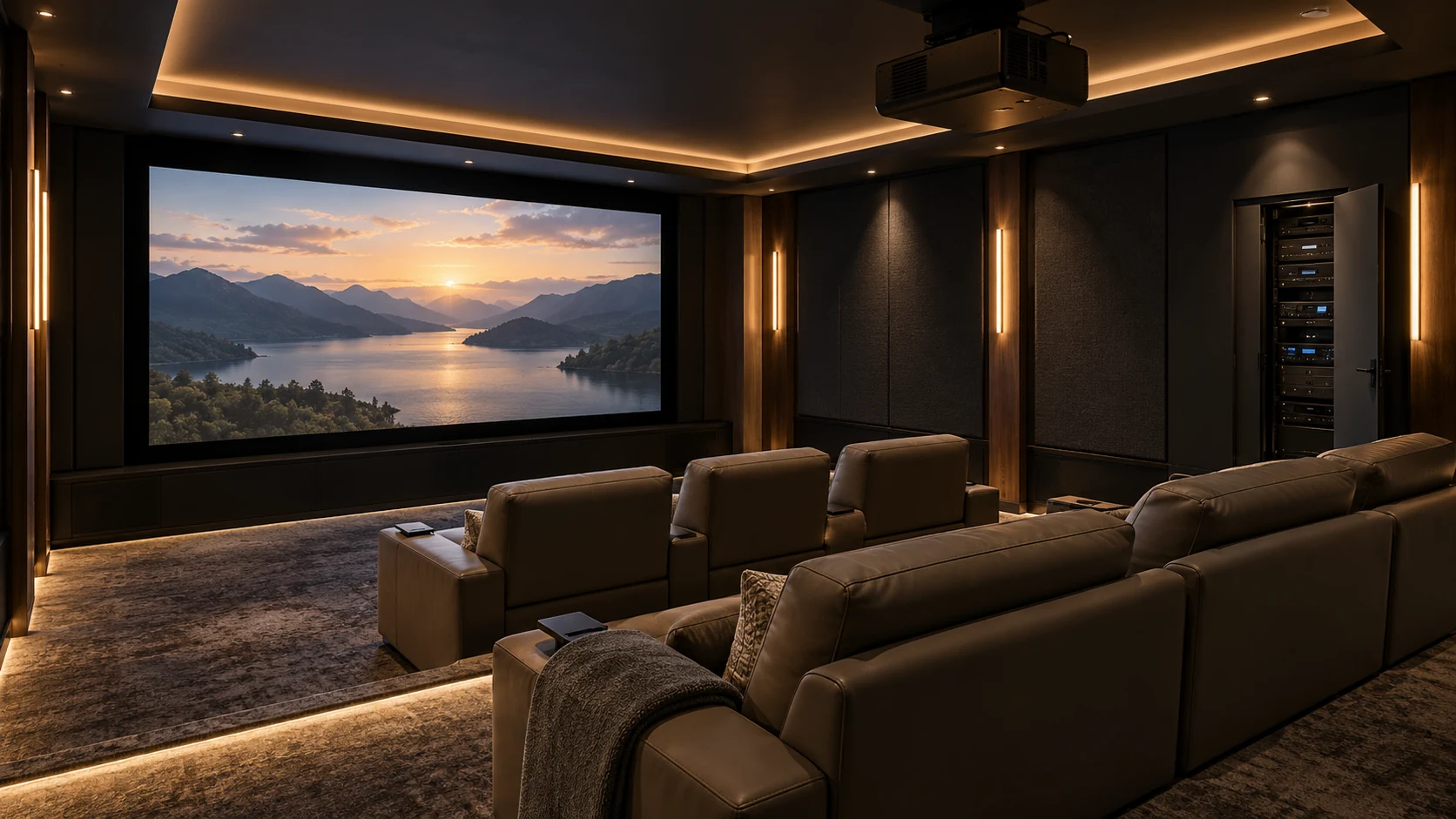 Conceptual dedicated cinema with a projection screen and ceiling-mounted projector