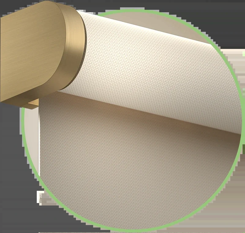 Draper FlexStyle open roll shade and decorative brushed gold hardware
