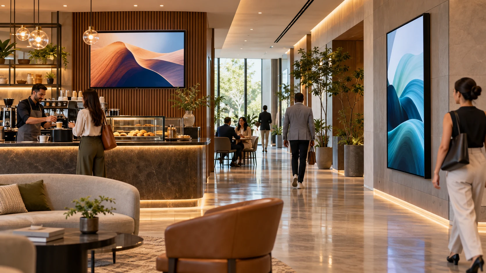 Workplace commons with displays near a cafe and corridor