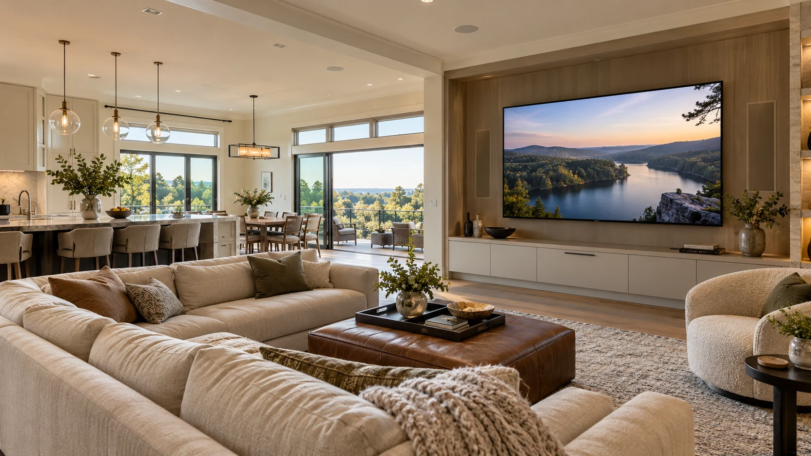 Conceptual bright multipurpose room with a large wall-mounted television