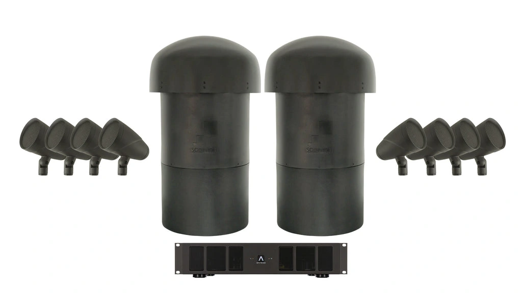 Sonance Landscape Series system example with satellite speakers, two in-ground subwoofers and amplifier