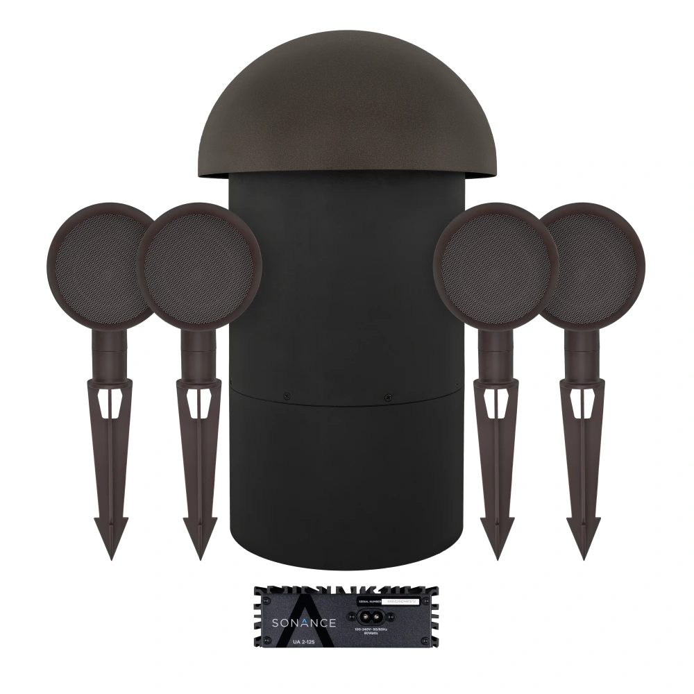 Sonance Patio 4.1 system: four satellite speakers, in-ground subwoofer and UA 2-125 amplifier